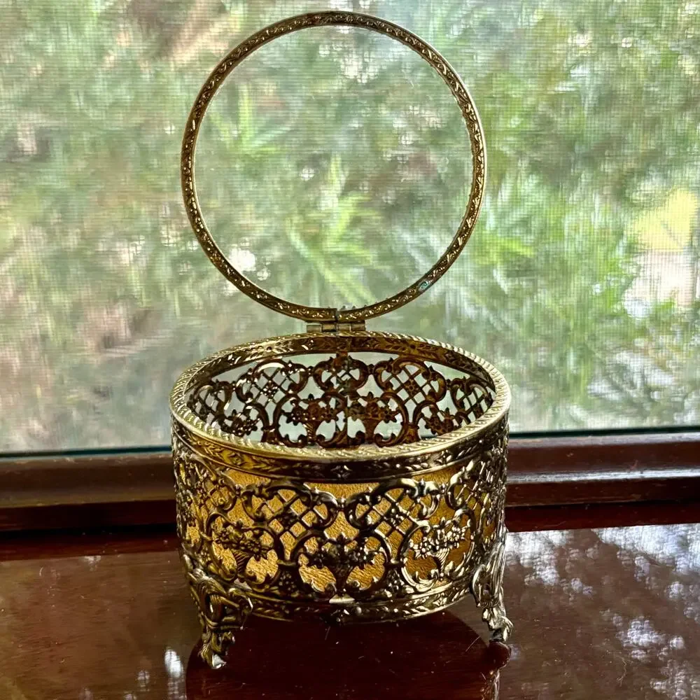 Vintage Gold Filigree Jewelry Casket Footed Trinket Box with Glass Lid